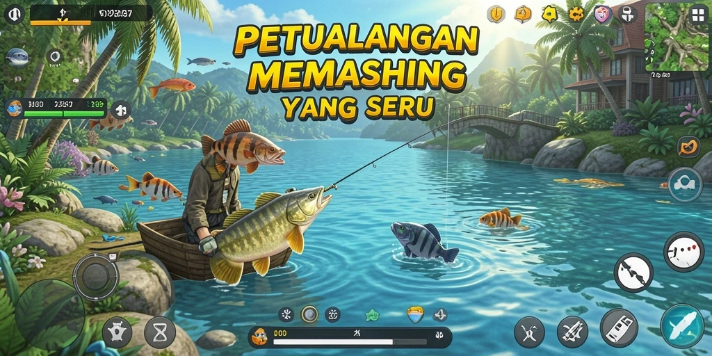 Tampilan gameplay 93337 yang menggembirakan saat memancing di berbagai lokasi.