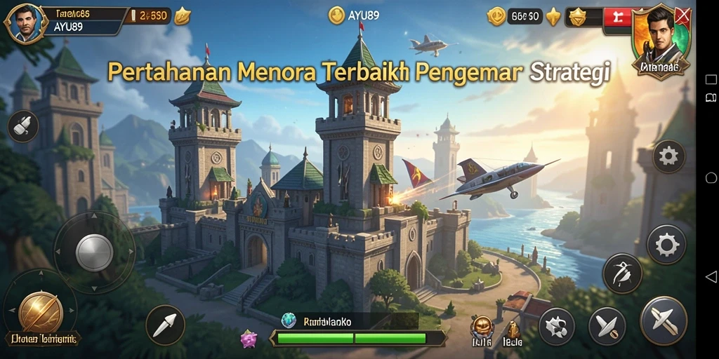 Screenshot gameplay AYU89 menampilkan pertarungan menara yang intens.