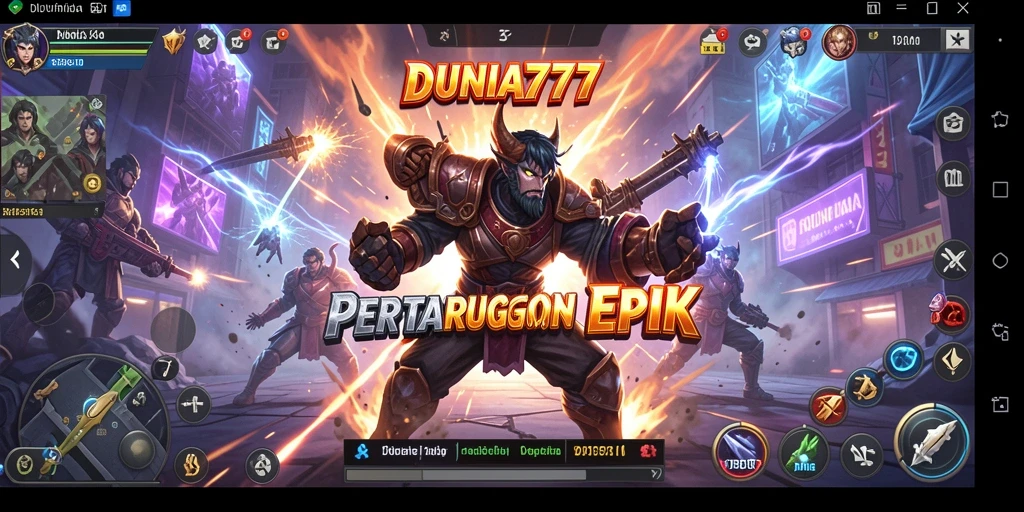 Tampilan pertarungan intens DUNIA777 dengan karakter dan arena yang menakjubkan.