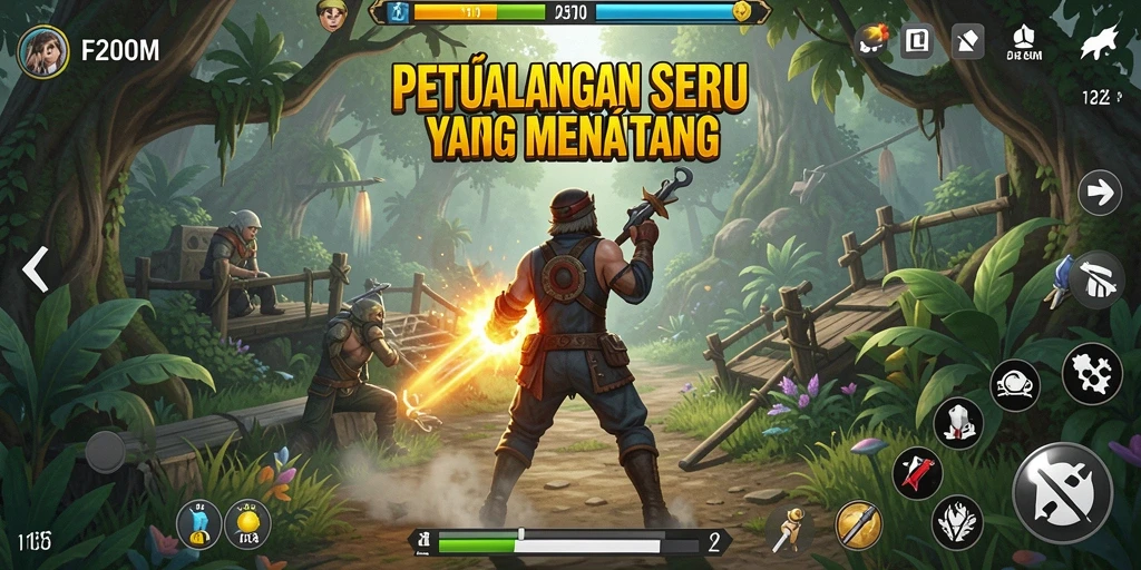 Screenshot F200M menunjukkan aksi petualangan yang mendebarkan.