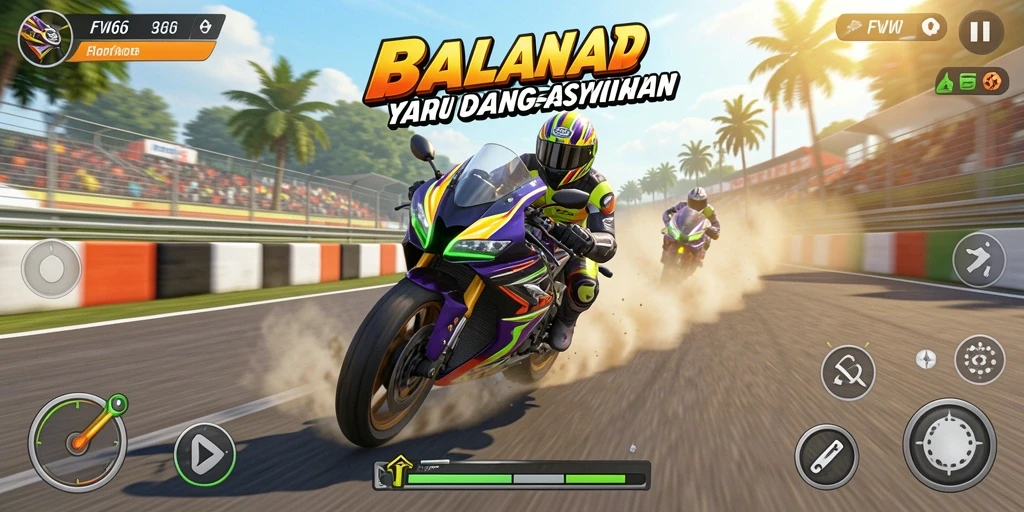 Screenshot FW66 menampilkan balapan motor yang cepat dan mendebarkan.
