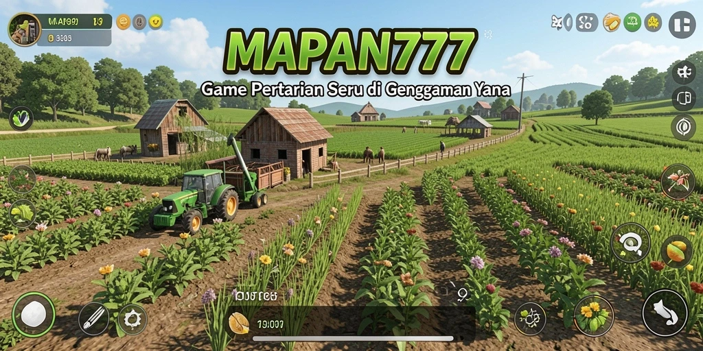 Tampilan gameplay <strong>MAPAN777</strong> dengan kebun yang subur dan hewan ternak yang sehat.