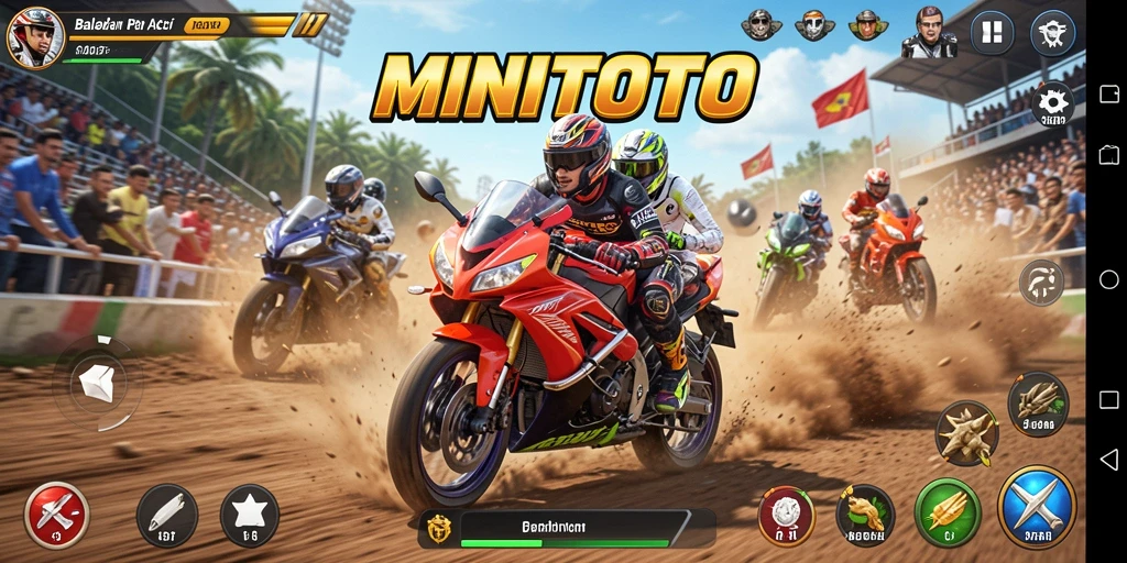 Screenshot gameplay <strong>MINITOTO</strong> menunjukkan aksi balapan motor yang mendebarkan.
