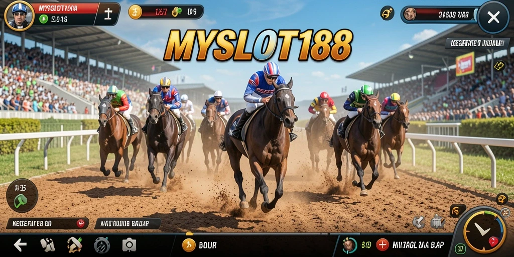 Screenshot menunjukkan aksi balap mendebarkan dari MYSLOT188 di trek yang berliku.
