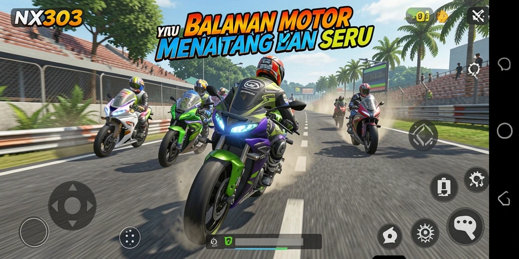 Screenshot gameplay <strong>NX303</strong> yang menampilkan balapan motor yang seru dan mendebarkan.