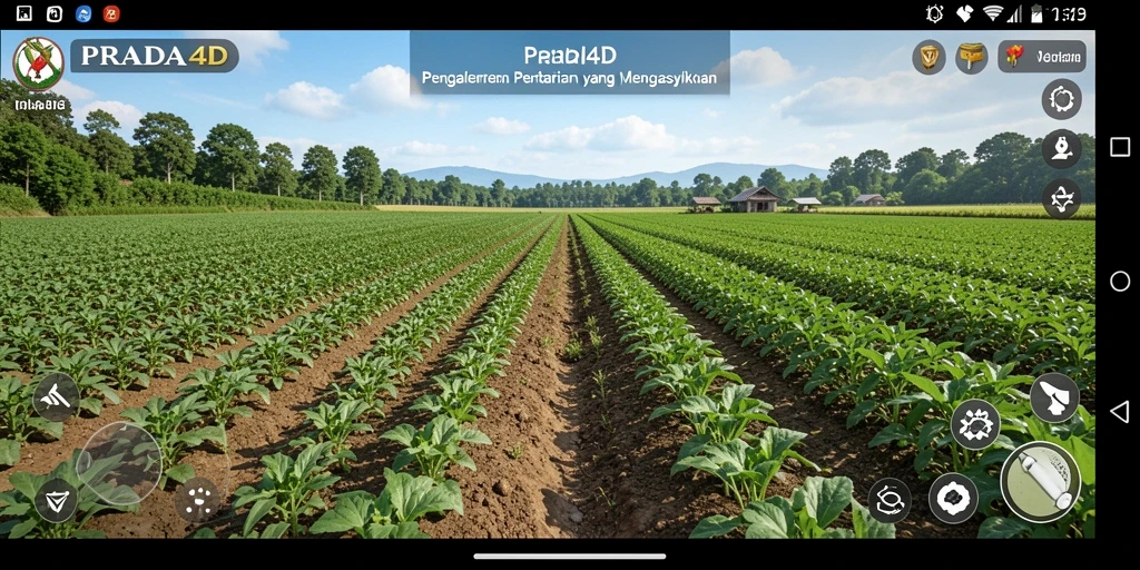 Tampilan gameplay PRADA4D dengan lahan pertanian yang luas dan berwarna-warni.