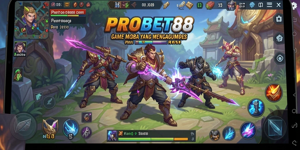 Screenshot utama PROBET88 menunjukkan pertarungan seru antar karakter MOBA.