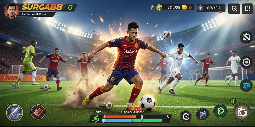 Tangkapan layar utama SURGA88 menampilkan aksi match sepak bola yang mendebarkan.
