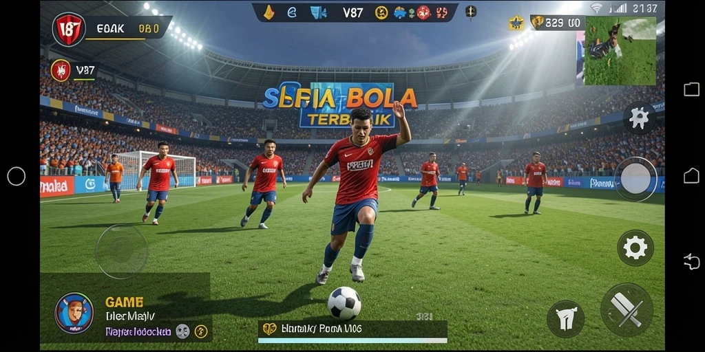 Screenshot V87 menampilkan aksi seru di lapangan sepak bola.